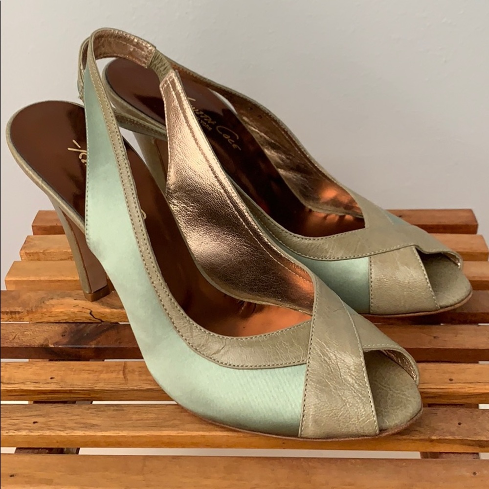 Satin and leather combo peep toe heels